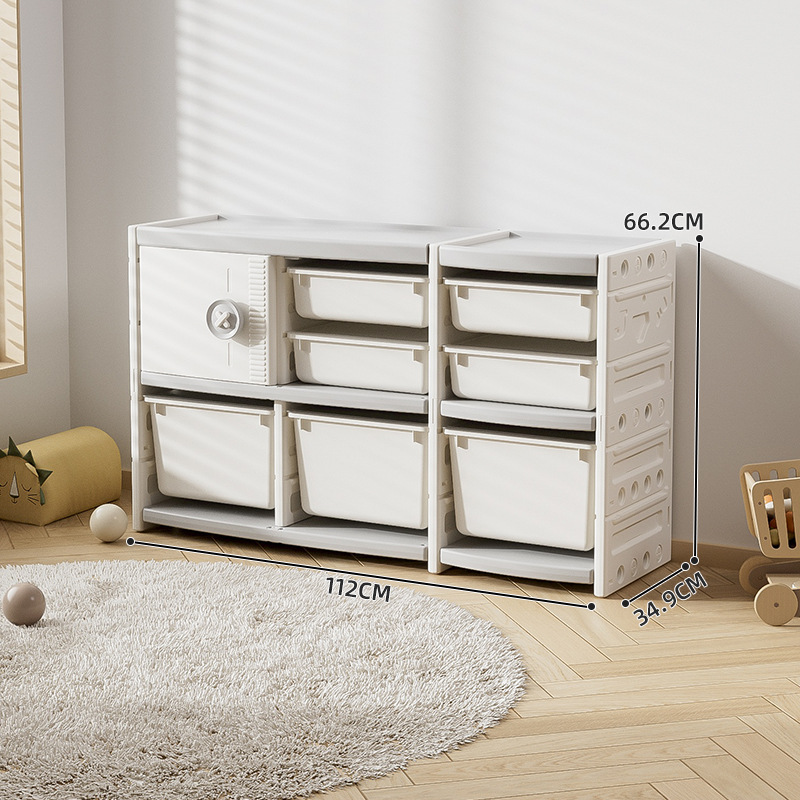 Juego de muebles infantiles de plástico con un armario de almacenamiento tipo cajonera de gran capacidad y varias capas para juguetes, para colocar contra la pared en la sala de estar.