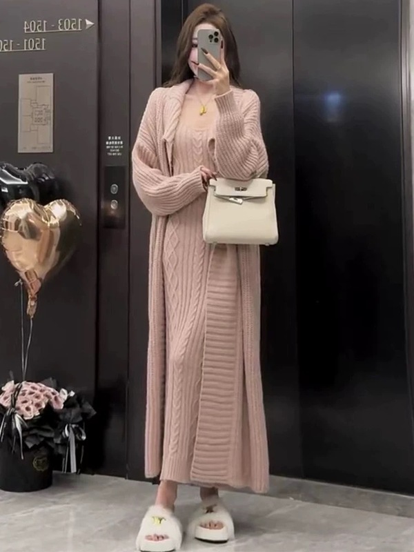 港风复古跨境麻花针织吊带连衣裙+长款毛衣开衫外套气质两件套女|undefined