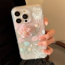 适用iphone15透明闪粉手机壳14Promax立体花朵13少女苹果12文艺范