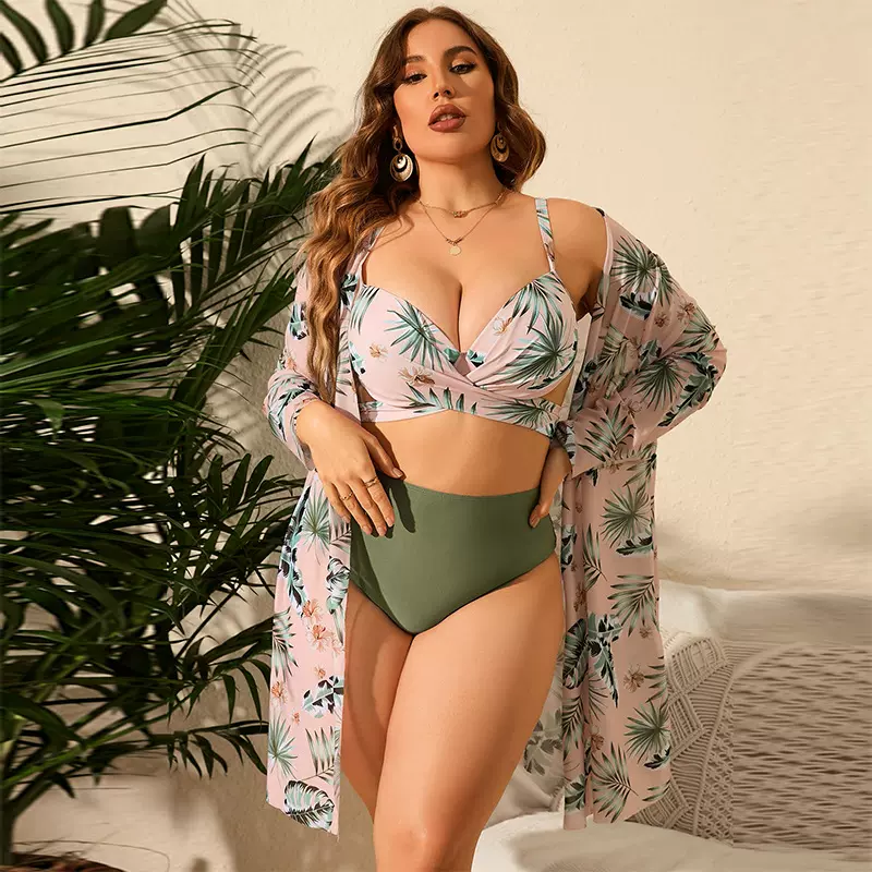 2024新款跨境肥婆大码硬包聚拢树叶印花三件套长袖分体高腰比基尼