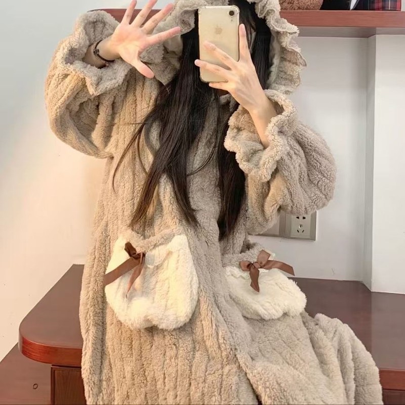 韩版棕色睡衣女冬季新款法兰绒加绒加厚长款连帽睡袍保暖居家服|undefined