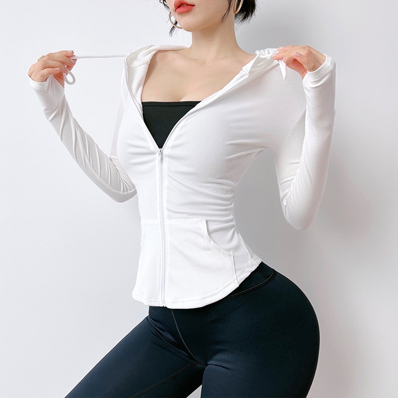 連帽跑步長袖上衣拉鏈健身服女運動外套速干彈力瑜伽服