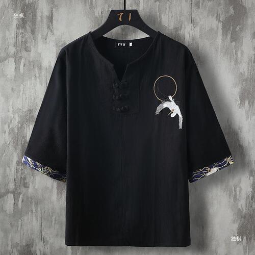 Summer Chinese-style Cotton and Linen Short Sleeve T-shirt for Men with Crane Embroidery, Linen Buttonholes, V-neck Top