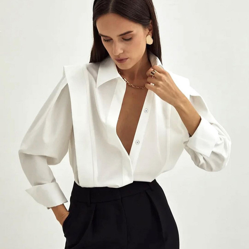 Spring New Style Right-Angle Shoulder White Shirt for Women, European and American Cross-Border Commuter Design, Elegant Long-Sleeve Blouse