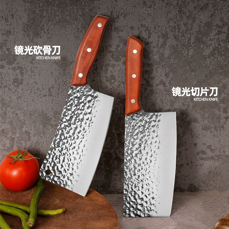 Фабрика в наличии Нержавеющая сталь Сафлор Груша Деревянная ручка Кованый узор Разделочная костная фреза Кухонный резак Бытовой нож для резки овощей