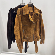 真皮山羊皮反绒2025秋冬新款机车高品质绒面皮翻领夹克宽松皮衣女