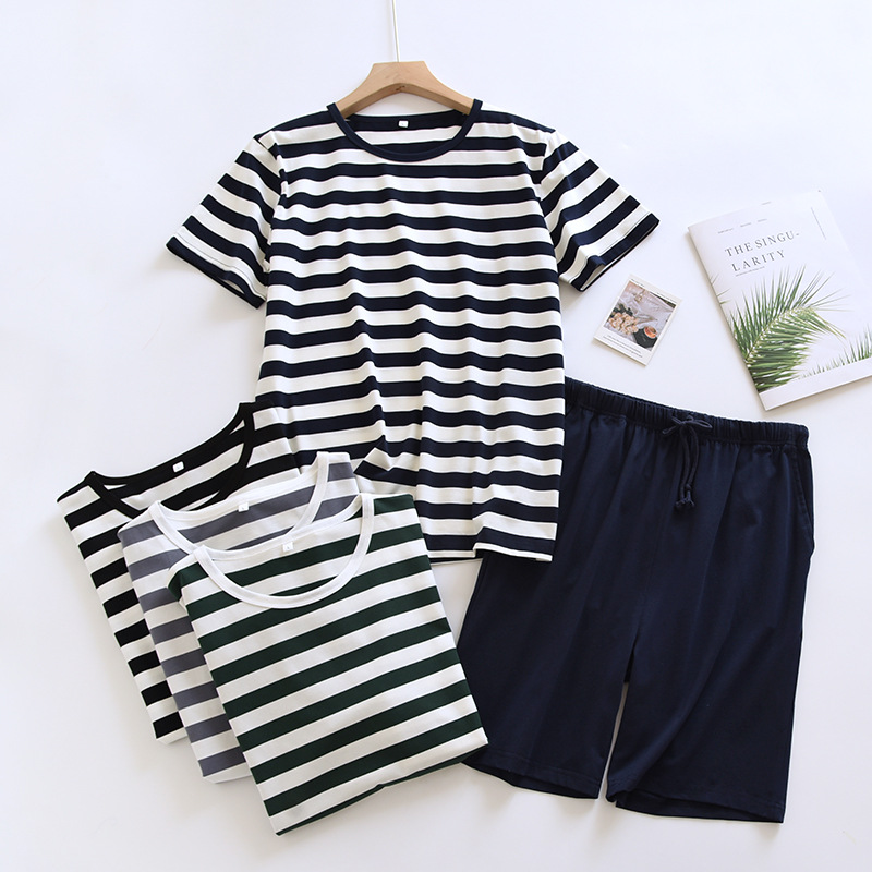 Men's Pajamas Summer Short-sleeved Shorts Lycra Cotton Summer Wear Striped plus size Home Clothes suit New Style