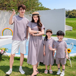 Korean Family Dress dress Summer Dress Striped Short-sleeved Family Dress Family of Four Mother and Daughter Seaside Vacation dress