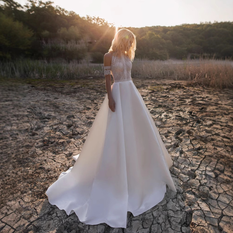 2025 European and American foreign trade new wedding dress wish Amazon Bohemian lace wedding dress dress satin