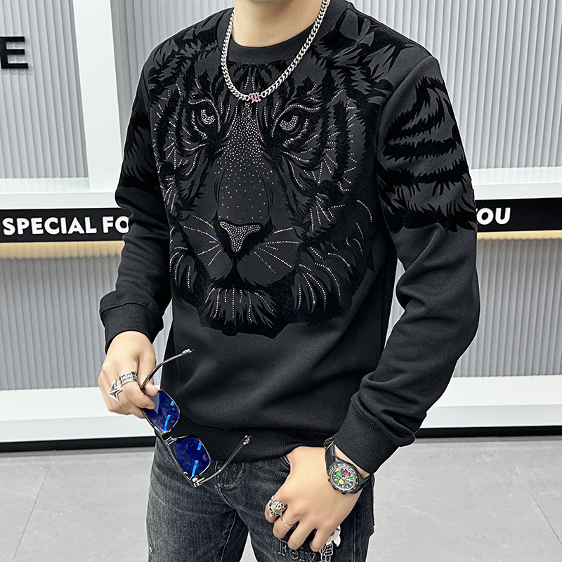 European Fashion Brand High end Hot Diamond Tiger Head Sweater Round Neck Bottom 2023 New Autumn Men's_voghion.com