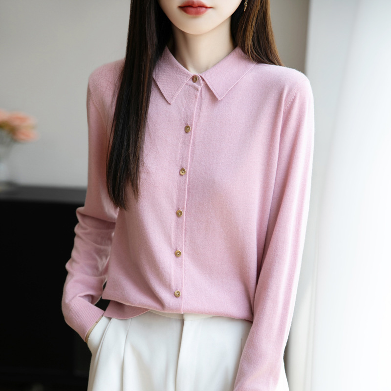 POLO领精纺羊毛针织开衫女秋冬新款衬衣领叠穿翻领打底衫上衣批发|undefined