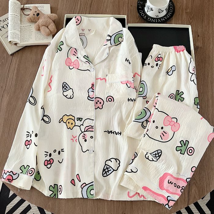 Pijamas de algodón nubes al por mayor transfronterizos pantalones de mangas largas de dibujos animados lindos cardigans con solapa otoño nueva explosión ropa para el hogar