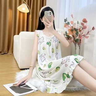 Nightgown for Women, Summer Style, Nightgown for Older Girls, Artificial Cotton Pajamas, New Style, Young People's Sleeveless Ins Sleeveless Cotton Silk Nightgown