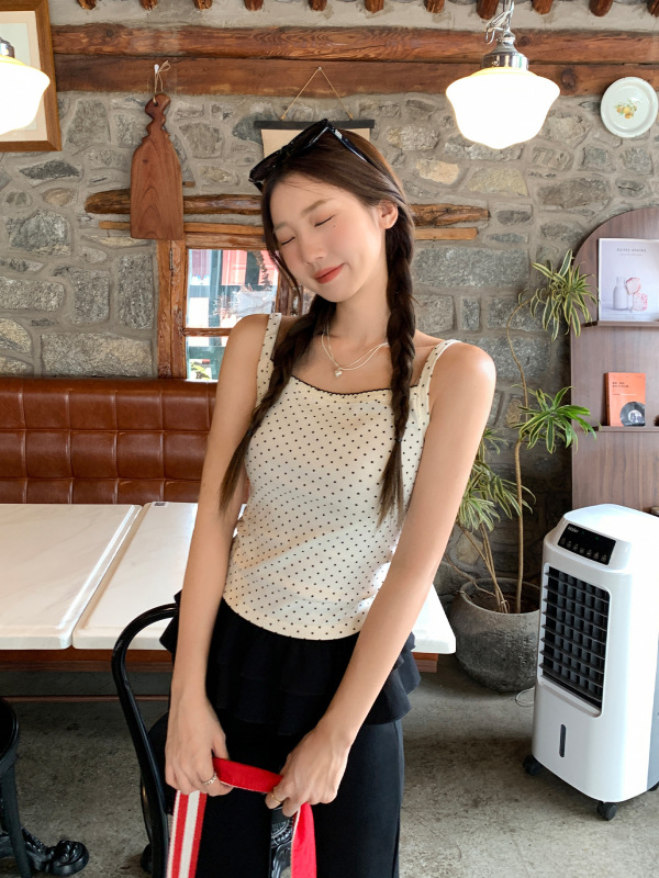 时尚波点印花吊带背心女无袖女装夏日新款韩版甜美波浪边短款上衣|undefined