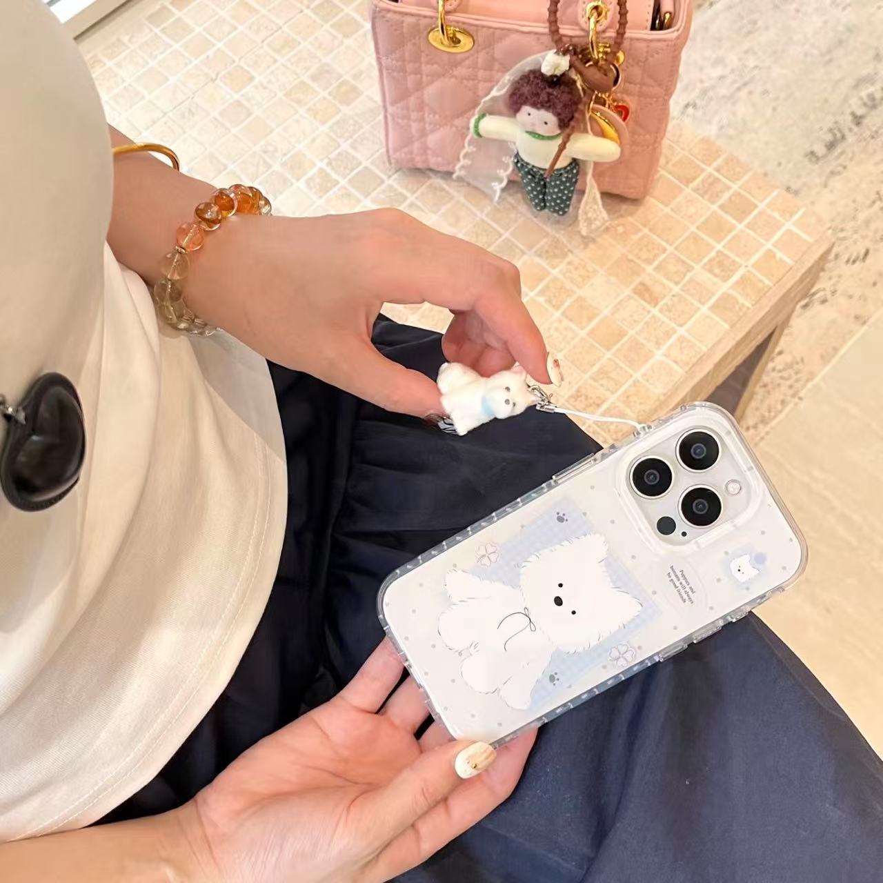 Pins coreanos a cuadros lindo West Highland para Apple 16/15ProMax funda para teléfono móvil iPhone 14 cadena 13