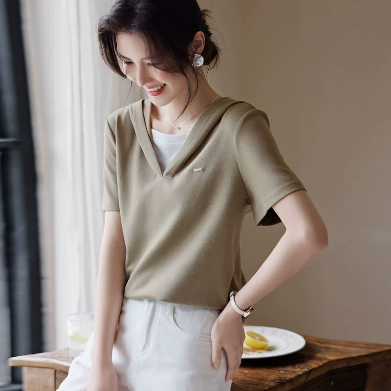 Женская футболка с короткими рукавами из двух частей, новинка лета 2024, модная повседневная универсальная хлопковая футболка с капюшоном