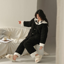 批发冬季睡衣三层夹棉加绒加厚家居服黑色高级感大码妈妈可外穿女