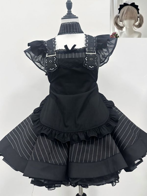 レトロな黒と白のストライプロリータメイド服サブカルチャー日本のかわいいエプロンスーツコスプレドレス|undefined