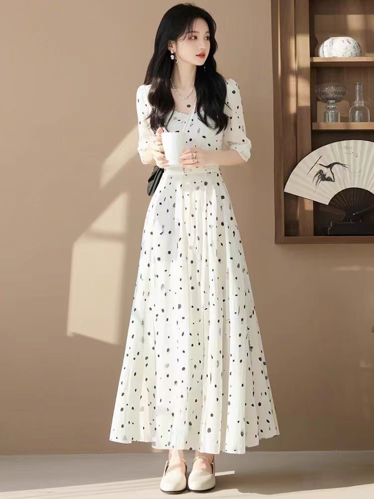Đầm suông nữ midi họa tiết chấm bi phong cách Pháp — Điểm sóng trắng