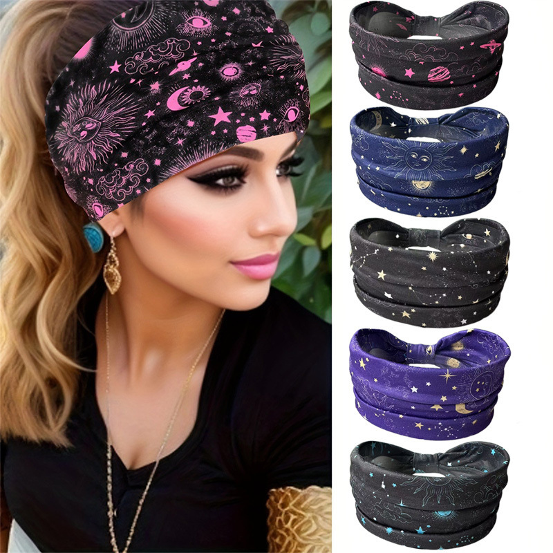 New Sun God Moon Starry Sky Waist Hairband Fitness Cycling Yoga Sports Sweat-Absorbent Breathable Elastic Hairband