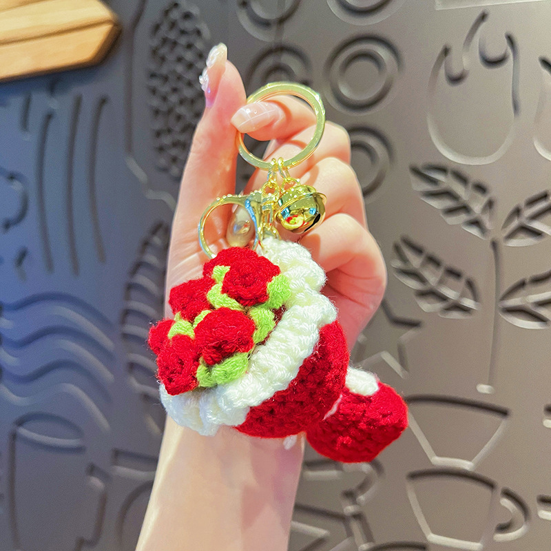 オリジナルの毛糸のかぎ針編みの花のキーホルダーは赤いバラのかわいいヒマワリの学生のカバンのペンダントの贈り物を模倣します。|undefined