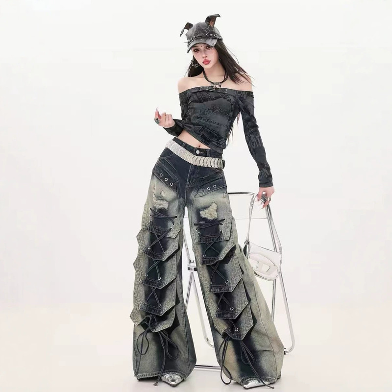 Plus-Size American Retro Heavy-Duty Crocodile-Patterned Jeans for Women, Punk Gradient Tie-Up Loose Wide-Leg Floor-Length Trendy Pants Plus-Size American Retro Heavy-Duty Crocodile-Patterned Jeans for Women, Punk Gradient Tie-Up Loose Wide-Leg Floor-Length Trendy Pants