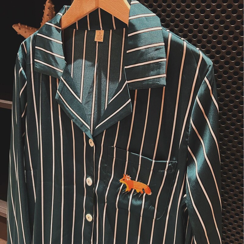 Nordic Striped Fox Embroidery Silk Satin Long-Sleeve Nightgown Spring and Summer Loungewear Designer Luxury Ins Style Nordic Striped Fox Embroidery Silk Satin Long-Sleeve Nightgown Spring and Summer Loungewear Designer Luxury Ins Style