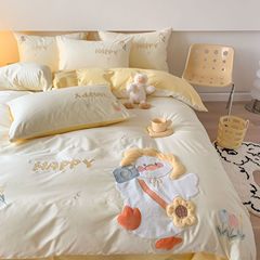 Adorable Duck Embroidered All-Cotton Washable Cotton Four-Piece Set Cartoon Pure Cotton Sheet Set for Children's Dormitory 1.8m Bedding