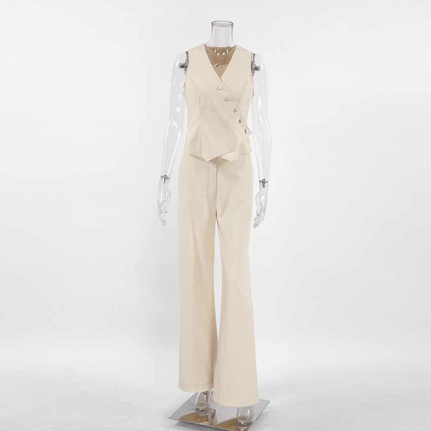 Women's Clothing commuting apricot cotton and linen vest vest wide leg pants two piece suit female 2024 summer deconstruction design suit_voghion.com