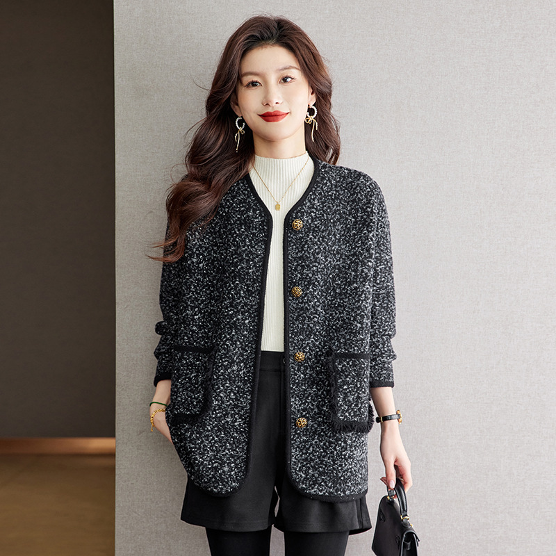 2025 Tweed Style Floral Gauze Pattern Long-Sleeved Knitted Cardigan for Women Spring, Autumn and Winter Loose High-End Woolen Jacket Top