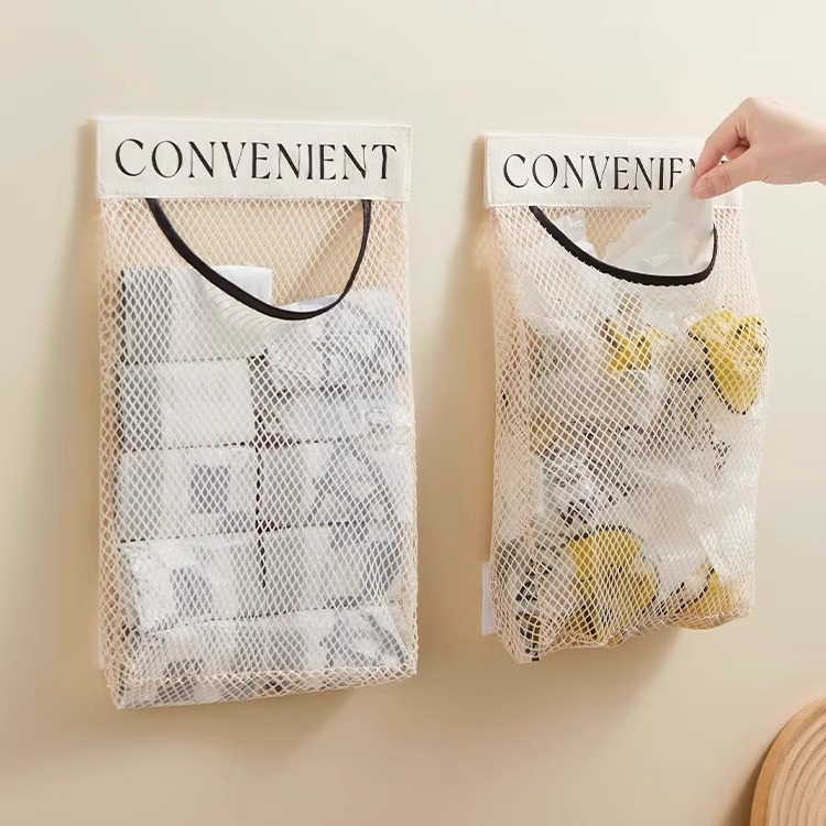 Kitchen trash bag storage gadget wall-mounted large-capacity storage bag plastic bag storage Velcro net bag 