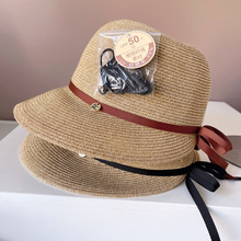 春夏新款蝴蝶结细带渔夫帽子女海边度假防晒草帽前大后小遮阳盆帽