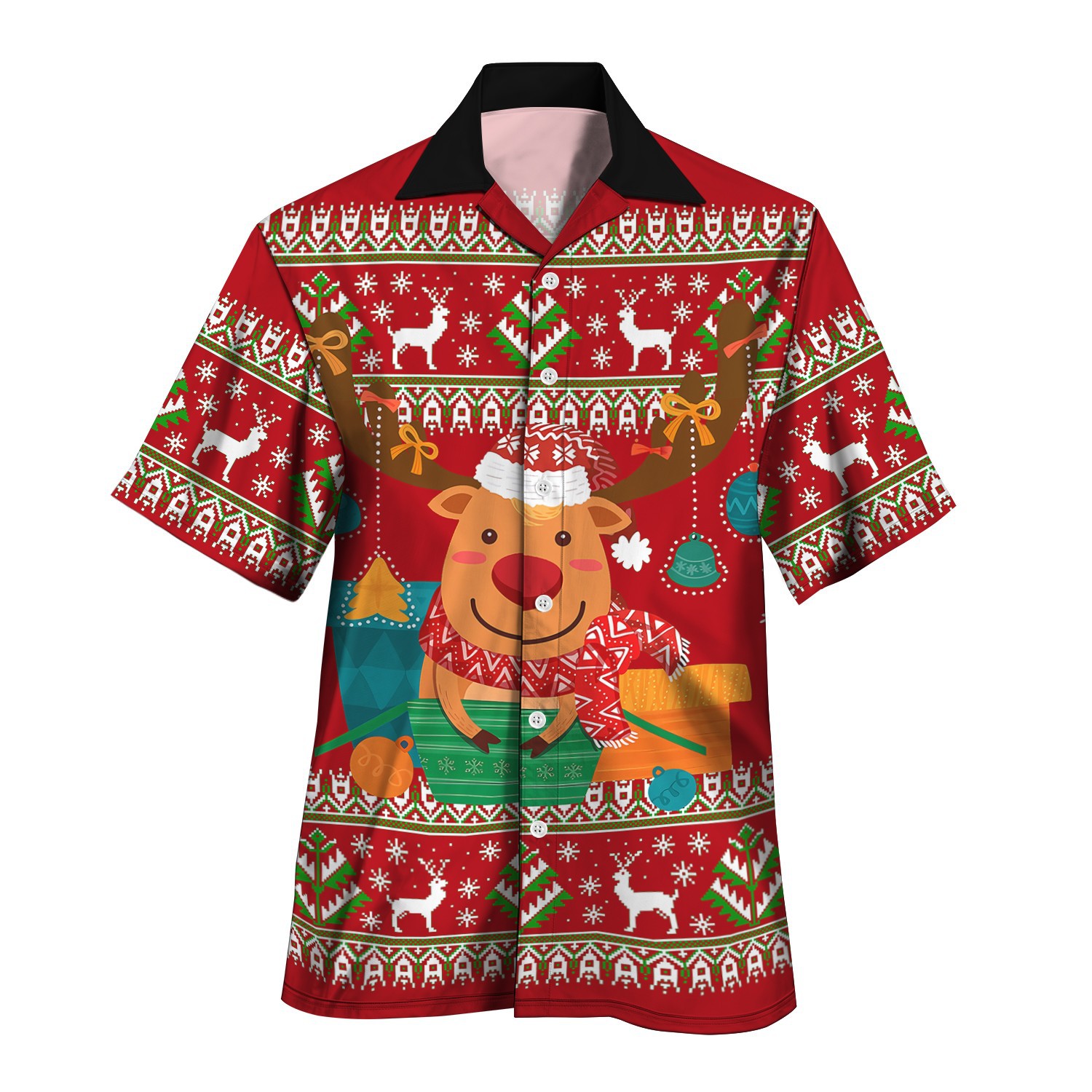 3D estampado digital patrón de alce festivo serie roja venta directa de fábrica camisa con cuello cubano MB33