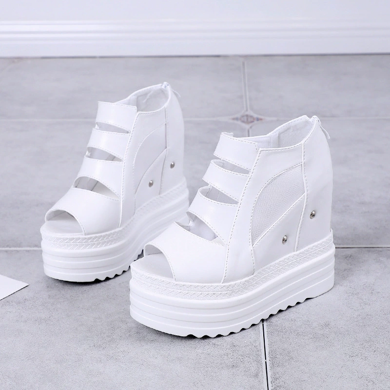 Женские сандалии на увеличенной высоте, корейский стиль, на танкетке, на толстой подошве, с сетчатым открытым носком, 2025, новые водонепроницаемые модные женские туфли на высоком каблуке на платформе