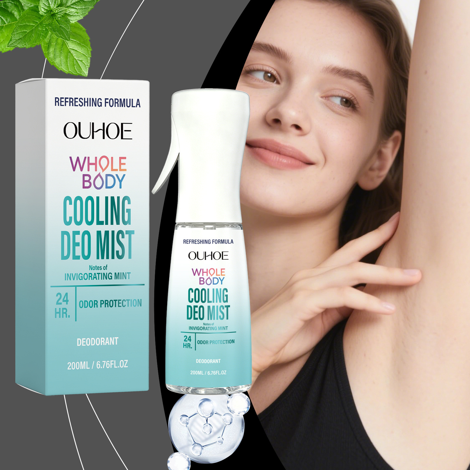 Ouhoe Refreshing Deodorant Spray, Gentle and Cool for the Skin, Fresh and Breathable, Non-Sticky, Daily Odor-Eliminating Spray