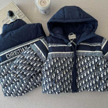 儿童棉衣冬款中小童满印2024新款潮牌男女童洋气连帽拼色棉服外套