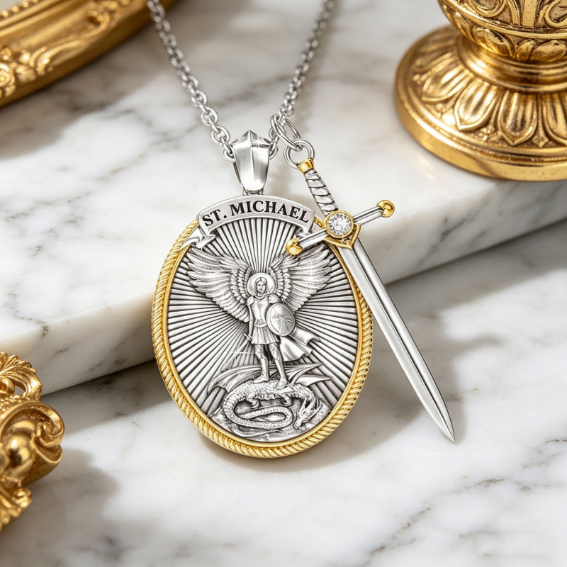 Cross-Border New Fashion Retro Oval Shield Knight Shield Sword Men's Alloy Necklace Bracelet Key Pendant