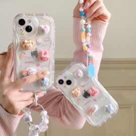 适用苹果16PROMAX透色卡通立体波浪保护套iPhone12彩虹少女手机壳
