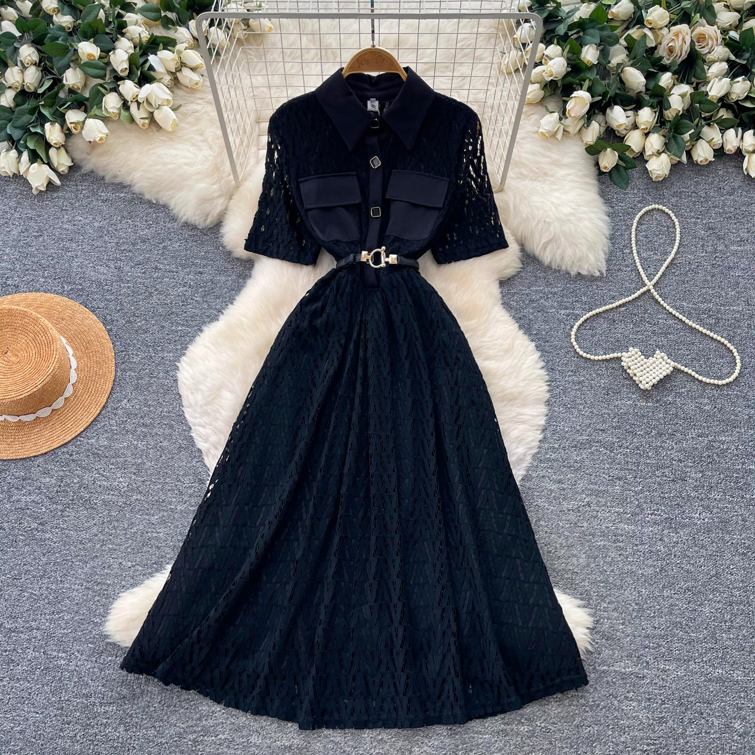 French-Inspired Lace Dress With Tie Waist - Elegant Black A-Line Midi Dress For Women_ecoleips.com
