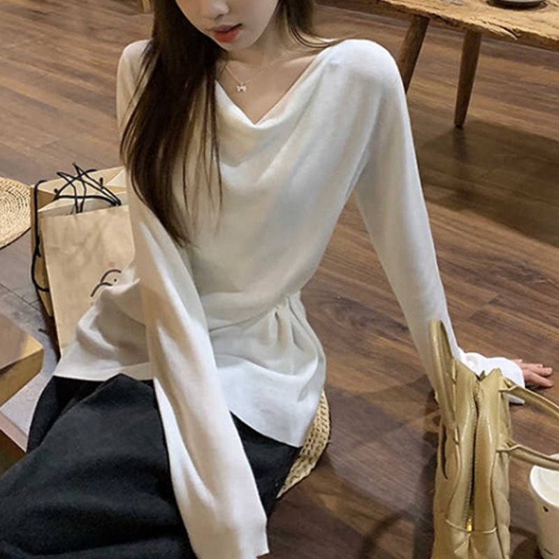 春秋设计感法式荡领斜扣百搭女早秋收腰显瘦内搭打底长袖上衣新款|undefined