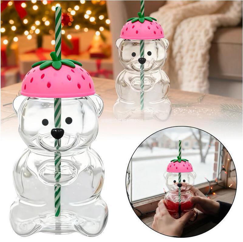 New Product Creative Large Capacity 600ml Bearista Glass Straw Cup Teddy Bear Glass Straw Cup
