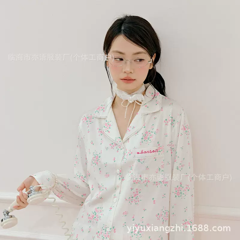 秋季新款蕾丝花园刺绣冰丝睡衣女 休闲舒适气质款女士家居服套装