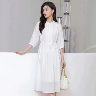 （清）白色蕾丝拼接天丝苎麻收腰显瘦连衣裙女夏度假风仙气A字裙