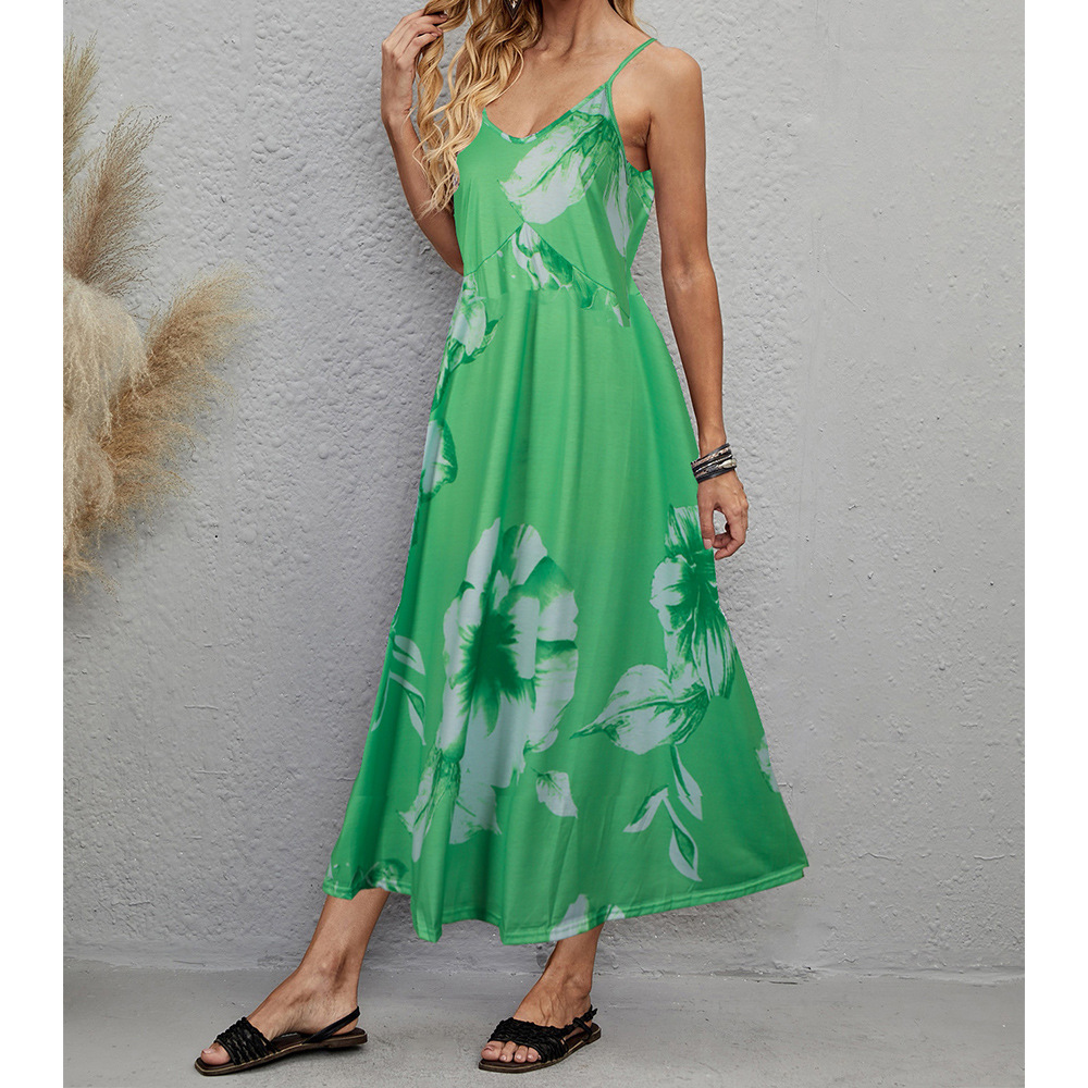 Sling V-Neck Sleeveless Long Floral Dress NSGYX105782