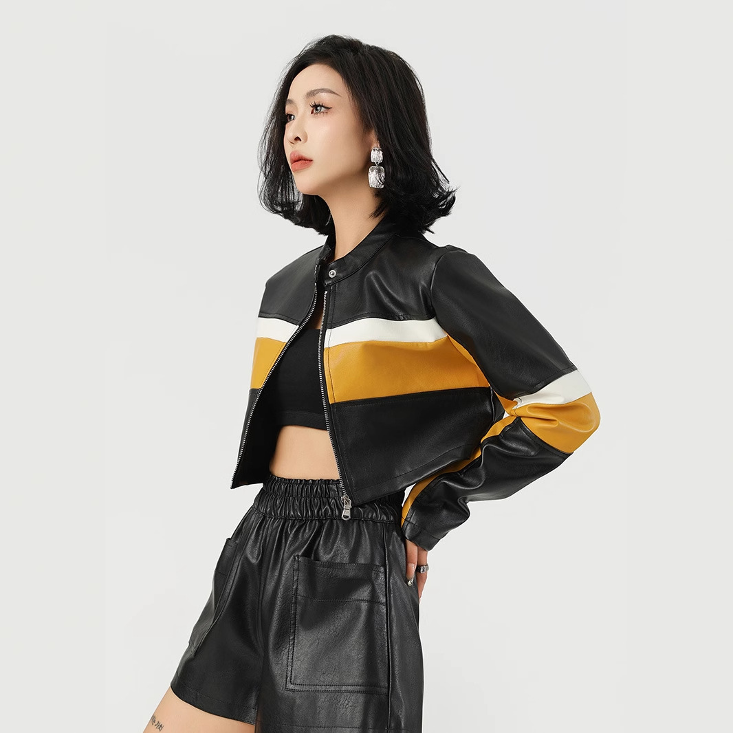 Cross-Border Custom-Made Pu Leather Color-Blocked European and American Style Sexy Leather Jacket with Stand Collar, Slim Fit, Short Biker Leather Jacket for Women