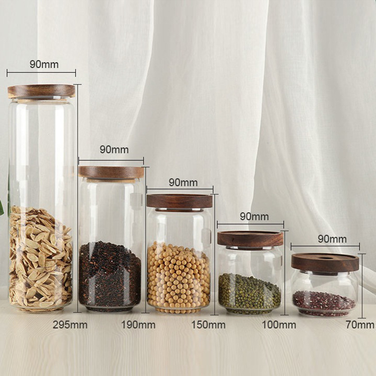 Tarro sellado de almacenamiento de madera de acacia, almacenamiento de café de frutos secos, tapa de madera de acacia, tanque de almacenamiento de vidrio de borosilicato