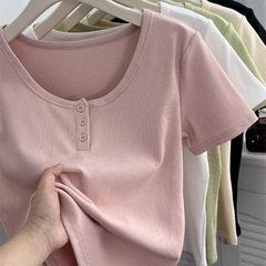 Uネック鎖骨スリムフィットショルダー半袖Tシャツレディース夏ボタンデザインショートプチピュアラスプルコットントップ