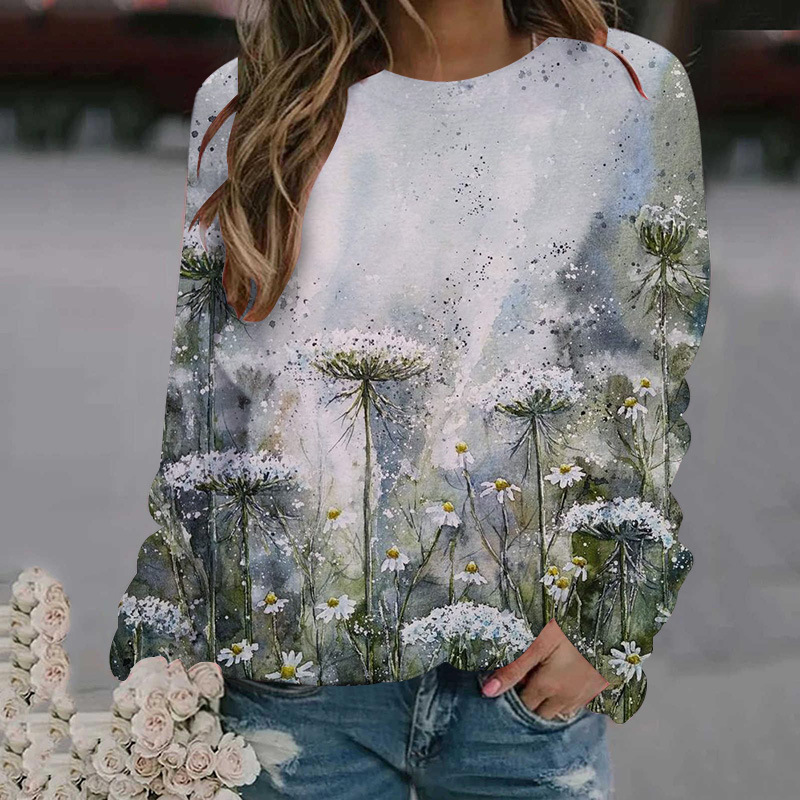 3D digital printed women's round neck hoodie with floral patterns for spring autumn clothing, long sleeved and loose_voghion.com