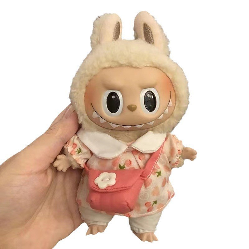 Caja ciega de 17cm, tela de tela, traje de mono de alce pequeño de terciopelo de nube, colgante de labubu, vestido de Navidad de cerdo