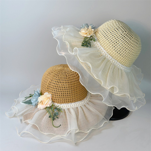 New French lace pearl flower fisherman hat for women, summer foldable sunshade travel vacation sun protection hat